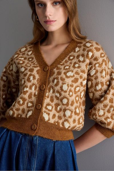 JOIN US Leopard Patterned Buttoned Brown Knitwear Cardigan