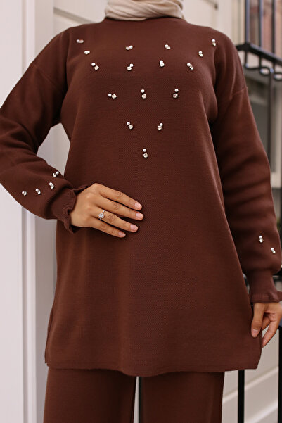 benguen 6077 Stone Detailed Knitwear Set Brown