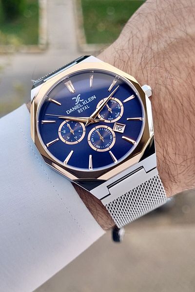 Daniel Klein Dark Blue Case Circumference Rose Cord Silver Color Calendar Men's Wristwatch