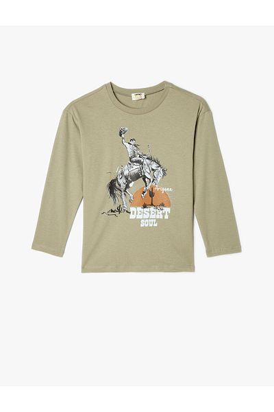 Koton Tricou oversize cu mânecă lungă din bumbac - imprimat cowboy, decolteu