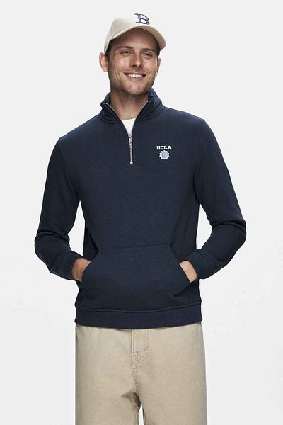 UCLA Leon Navy Blue Half Zipper Stand Collar Embroidered Standard Fit Men's Sweatshirt