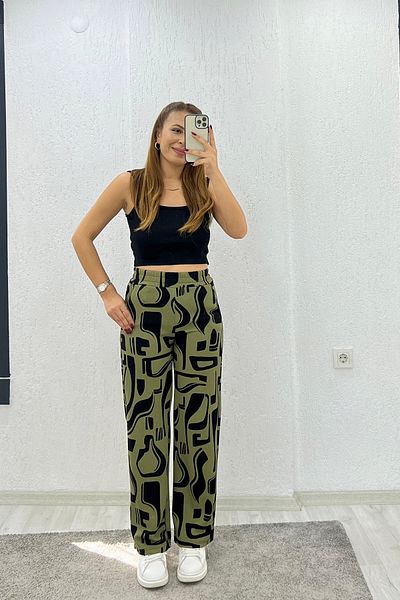 İrka Moda Crepe Fabric Leopard Green Pants