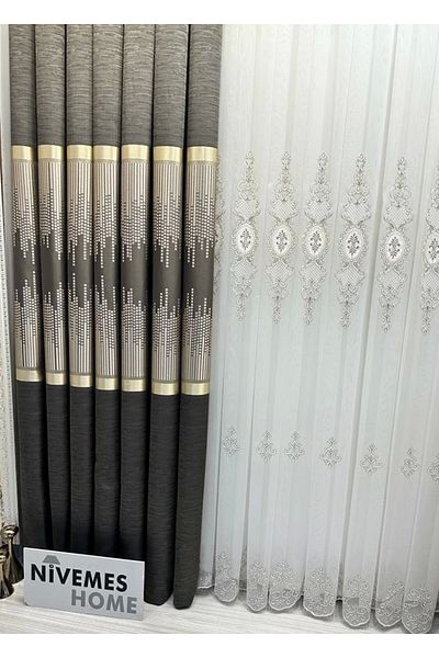 NİVEMESHOME Nivemeshome Amasra Ft614164 - V-5302 Model Earth Colored 1/3 Close Pleated Background Curtain
