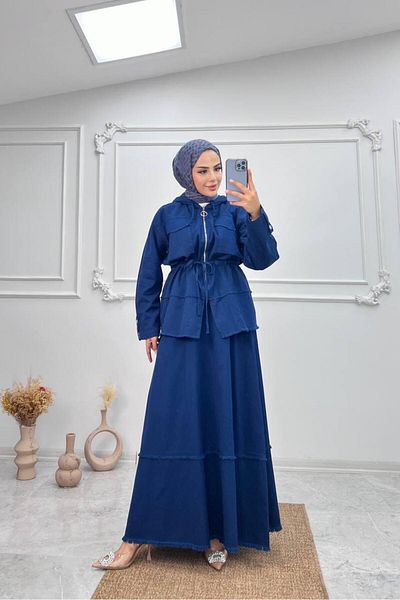 Cardella Camelya Premium Navy Blue Hijab Attached Len Σετ - Ακατέργαστη φούστα και μπουφάν