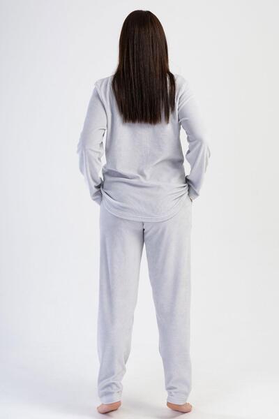 VİENETTA Costum de pijama gri cu mânecă lungă din catifea de mărime mare pentru femei C6T8N0O304