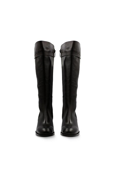 Vario Hakiki Deri Tokalı Topuklu Diz Altı Kadın Çizme Nature Nero (NATURE BLACK)