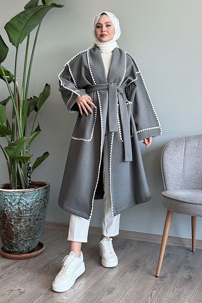 InStyle Shepherd Stitched Belted Gray Stamp Coat
