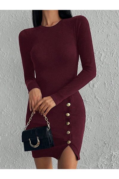Modayakamoz Rochie de damă bordeaux cu mânecă lungă, decolteu, cu fantă laterală, cu detaliu de nasturi, scurtă