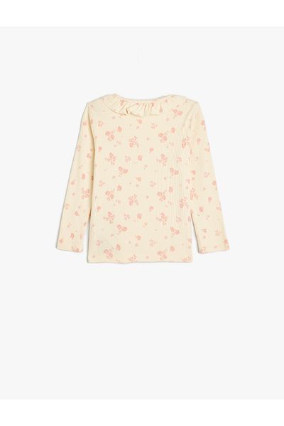 Koton Cotton Long Sleeve Floral Printed Ruffle Detailed Ribbed T-Shirt