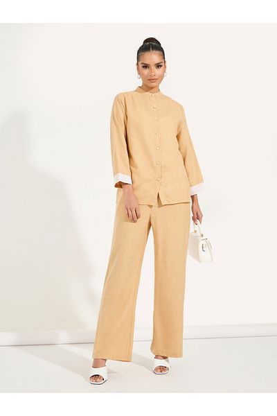 Styli Mandarin Collar Shirt & Straight Pants Modest Set