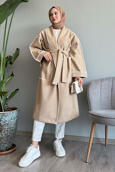 InStyle Shepherd Stitched Belted Stone Stamp Coat