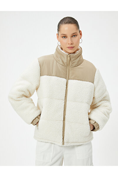 Koton Palton puf de pluș cu guler cu fermoar și buzunare