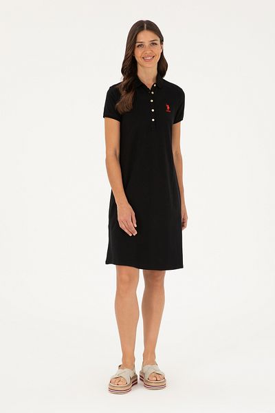 U.S. Polo Assn. Rochie tricotată neagră pentru femei, cu guler polo, mini dimensiune 50280038-vr046