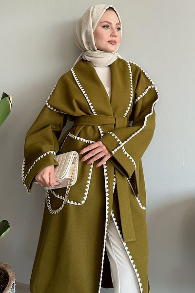 InStyle Παλτό λαδί πράσινο κασμίρ με ζωσμένη ραφή Shepherd