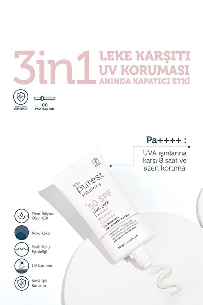 The Purest Solutions Leke Karşıtı ve Cilt Tonu Eşitleyici Renkli Güneş Koruyucu Krem SPF 50, 50 ml