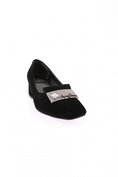 DGN Black Suede Women's Heeled Shoes with Iron Accessories - 212152621