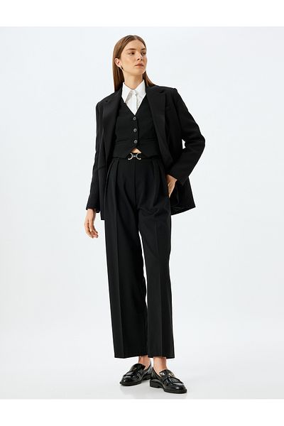 Koton Pleated Wide Leg High Waist Fabric Trousers with Accessory Belt Detail