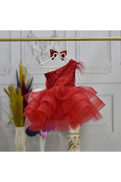 ELLUSSİ Girl's Red Sequined Green One Shoulder Fluffy Dress