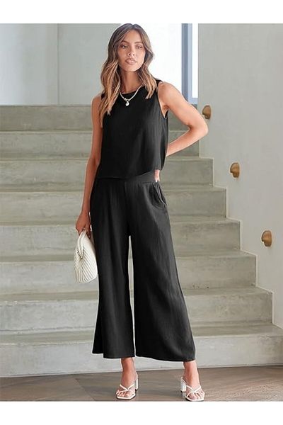 Mothermood Linen Summer High Waist Capri Pants Back Detailed Sleeveless Double Suit