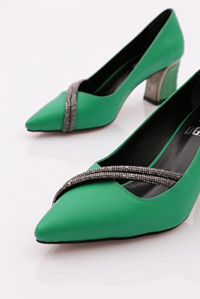 DGN 3201 Women's Pointed Toe Silver Stone Thick Heeled Shoes