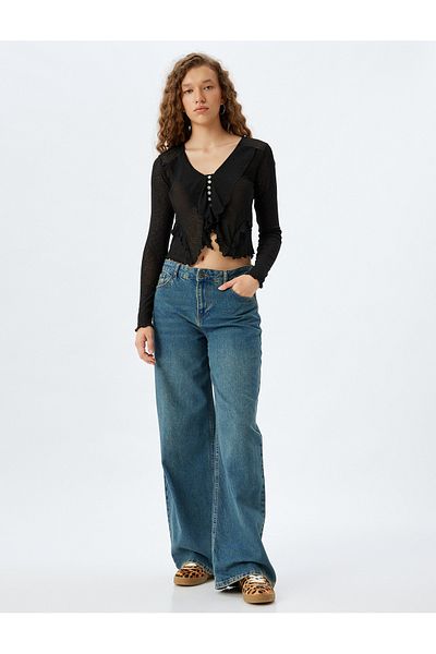 Koton Long Sleeve Buttoned V-Neck Ruffle Asymmetrical Blouse