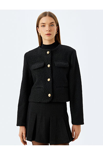 Koton Λεπτομερές βελούδινο μπλέιζερ μπουφάν χωρίς γιακά με καλυμμένη τσέπη