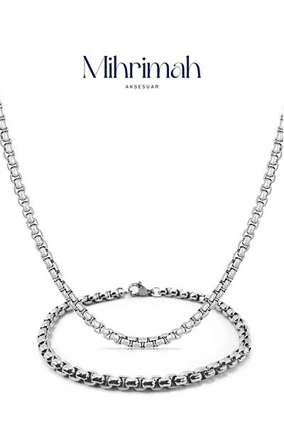 MODA Silver Color Knitted Model Interlaced Albanian Chain Men's Bracelet and Necklace Chain Set