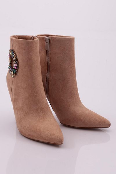 DGN Colorful Beaded Ring Buckle Women's Heeled Boots Beige 6849535