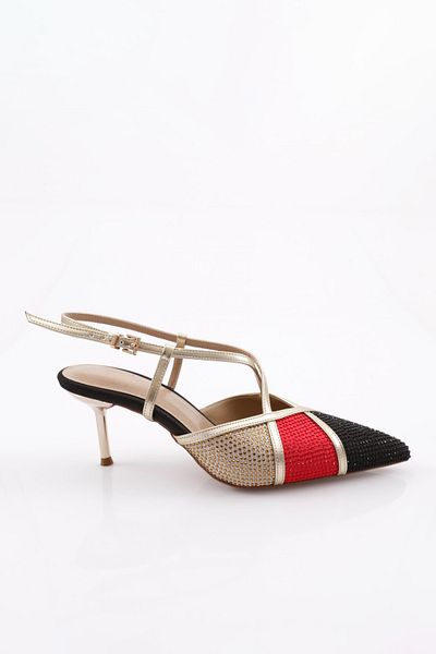 DGN Pantofi cu toc de piatră cu vârf ascuțit de damă din satin roșu 288121085