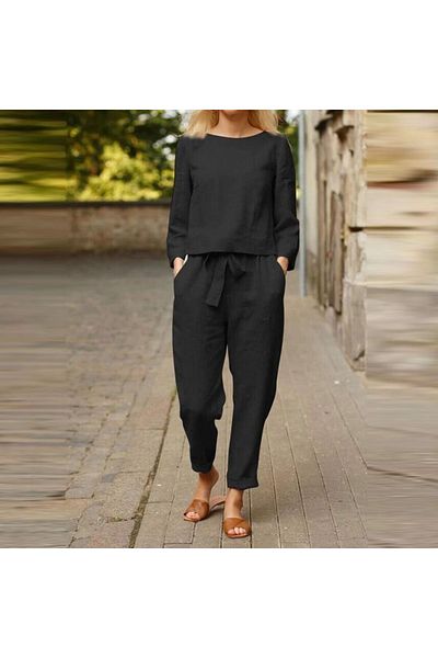 1tarz Linen Daily Comfortable Waist Belted Women's Double Suit Top and Bottom