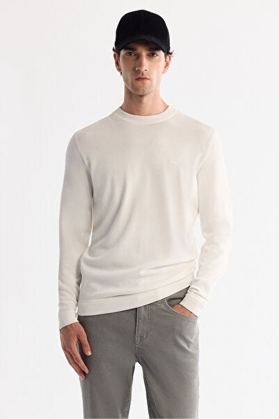Avva Men's Ecru High Crew Neck Rayon Knitwear Regular Fit Sweater A42Y5001