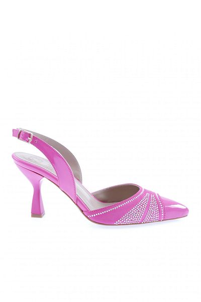 DGN Pantofi cu toc cu vârf ascuțit de piatră argintie pentru femei, piele lacuită fucsia 123286