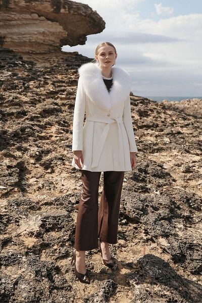 Olcay Sheepskin Cashmere Coat with Detachable Collar - Ekru 3008-Tk