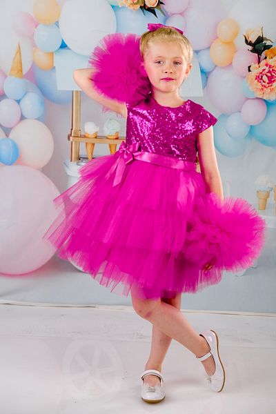 Mixie Girl's Fusya Buckle Pompom Sleeves Evening Dress Party Birthday Dress