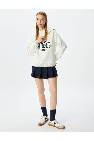 Koton Stand Collar Half Zipper College Printed Ribbed Oversize Sweatshirt
