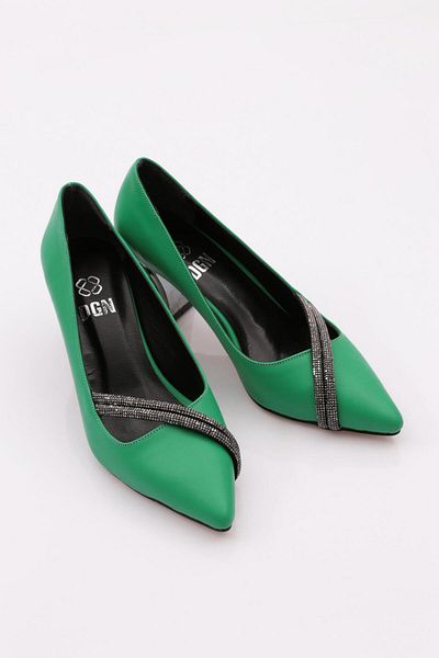 DGN Pantofi de damă cu vârf ascuțit argintiu cu toc gros, verde 43122534