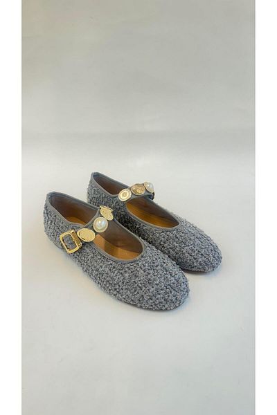 Eataly Shoes Balerini de damă din țesătură din tweed gri cu cataramă aurie