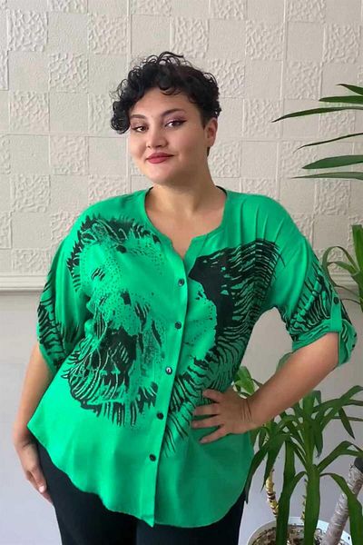 Zer Otantik Large Size Printed Stone Detail Shirt Blouse Green