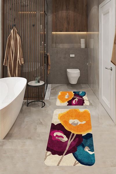 Pelangi Colorful Weasel Patterned Bathroom Rug Double Toilet Seat with Non-Slip Base Bath Mat Set