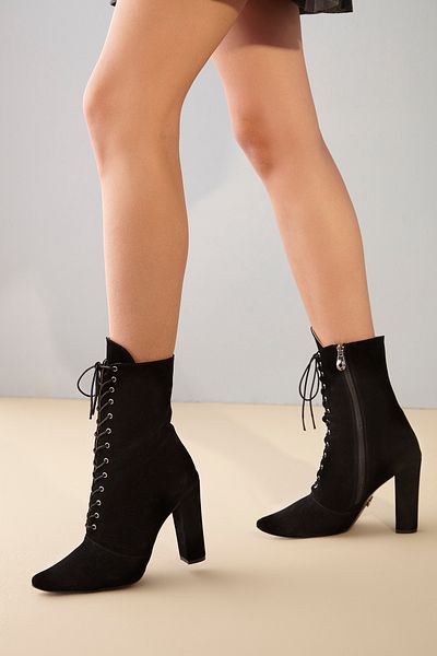 AYAKKABI PRENSİ Arto Lace-Up Black Suede 10 cm Γυναικείες Μπότες & Μποτάκια, Ψηλοτάκουνα