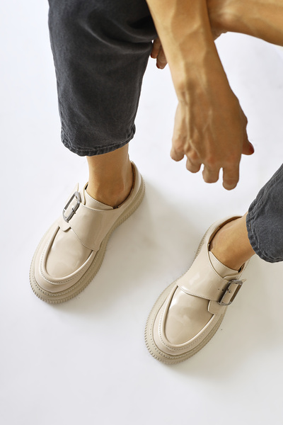 Limoya Evrim Skin Color, Beige Patent Leather Buckle Detailed Women's Casual Shoes Opportunity Product