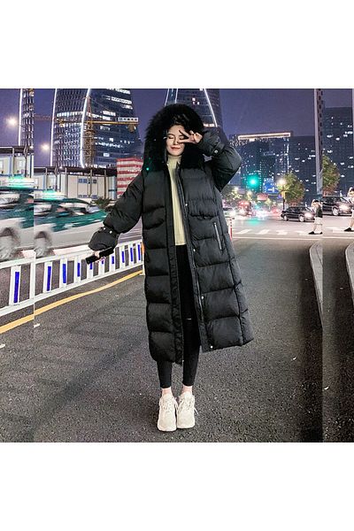 1tarz Toridas Black Puffer Jacket - Knee Length, Fur Detail, Bt293