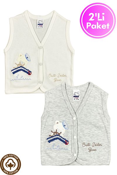 Miniel Baby Boy Captain Teddy Bear Embroidered Organic Cotton 3-6-9 Months 2-Piece Combed Baby Vest - Gray