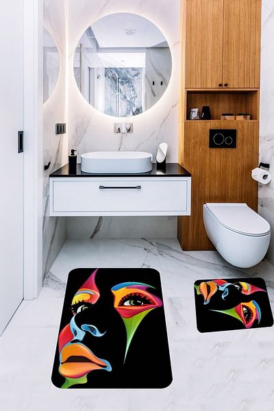 Pelangi Colorful Portrait Patterned Bathroom Rug Double Toilet Seat with Non-Slip Base Bath Mat Set