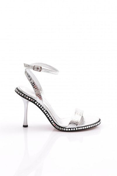 DGN Pantofi de seară cu toc brodat cu piatră de damă, crocodil argintiu 352533210