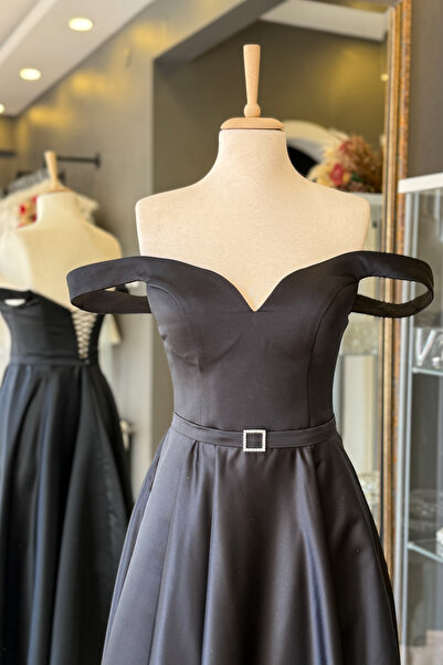 Lenta Moda Siyah Düşük Omuz Midi Boy Saten Abiye ve Gece Elbisesi