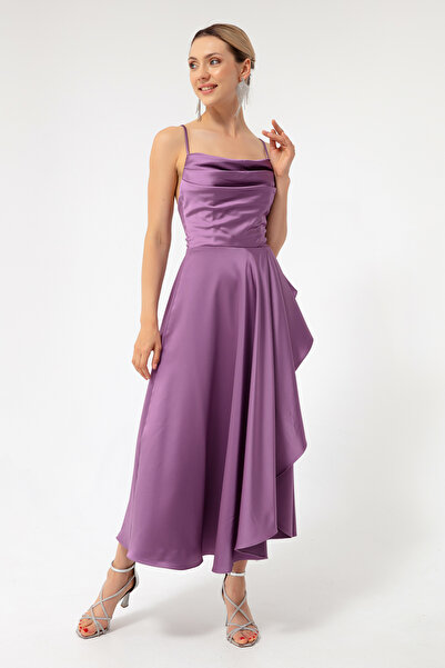 Lafaba Kadın Lavanta Volanlı Yırtmaçlı Saten Midi Boy Abiye & Mezuniyet Elbisesi