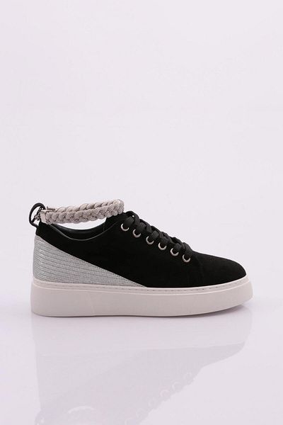 DGN Black Suede Women's Sneakers - Thick Sole, Anklet Detail, Silver Stone 15299623118