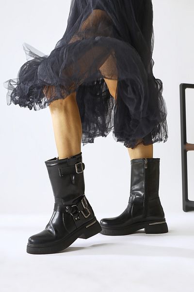 Limoya Joann Black Buckle Detailed Biker Γυναικείες Μπότες, Γυναικεία Μποτάκια