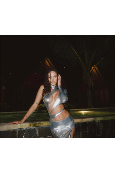 pink life Rochie gri cu un singur braț din țesătură strălucitoare